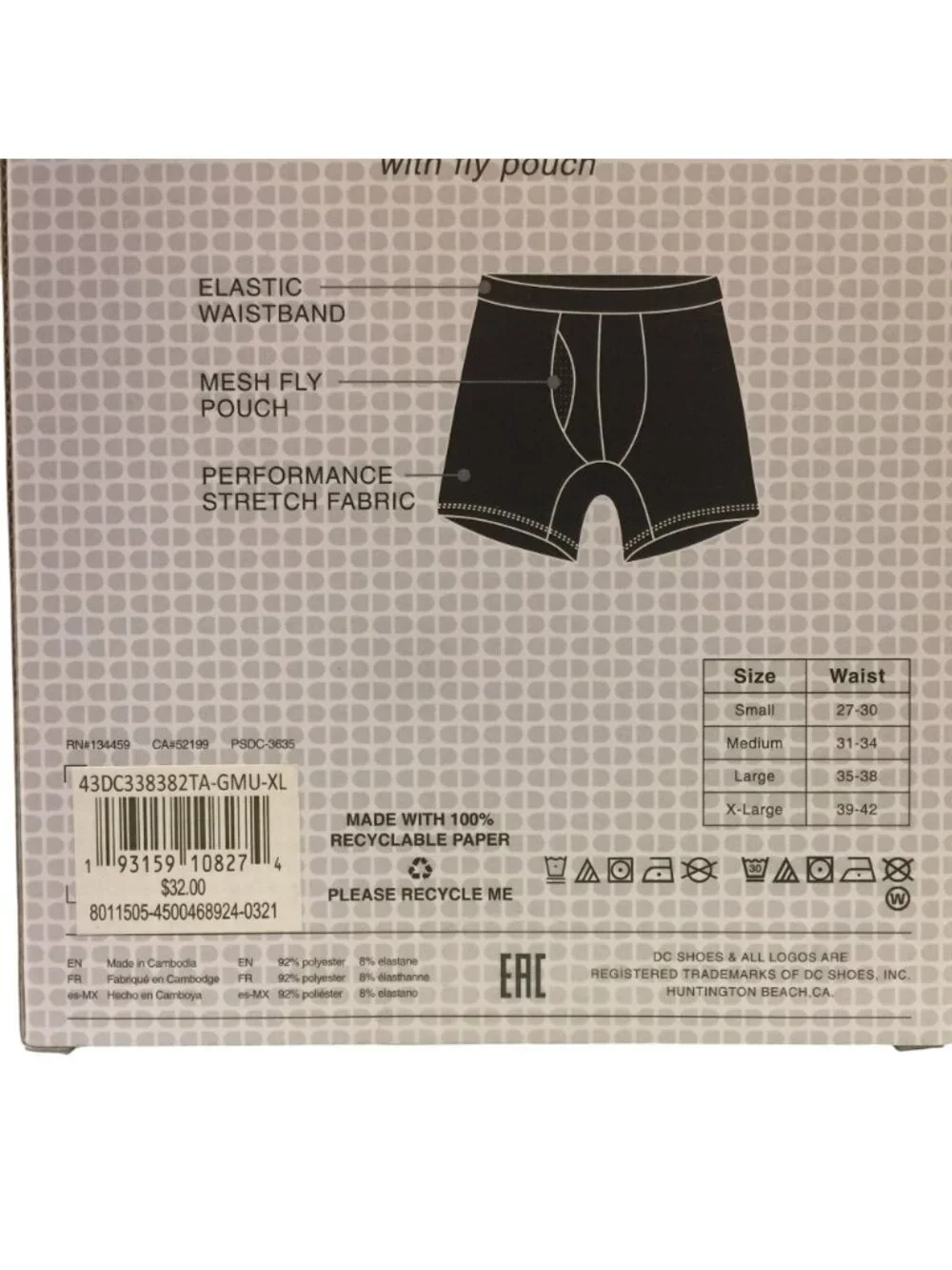 DC Men's Performance Boxer Briefs with Fly Pouch Size XL Gray Black Camo